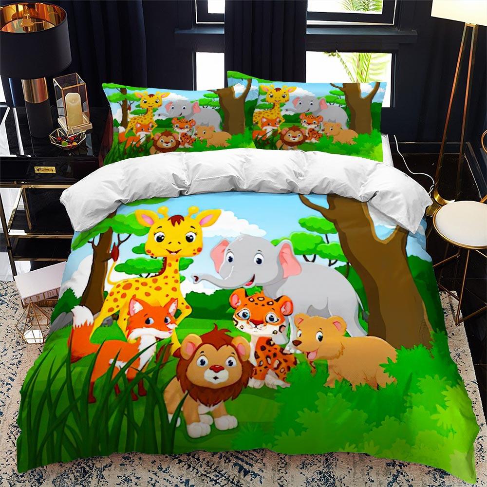 Zoo Duvet Cover Set King Queen Size Animal In The Forest Cartoon Illustration Lion Panda For Kids Girl Boy Polyester Bedding Set