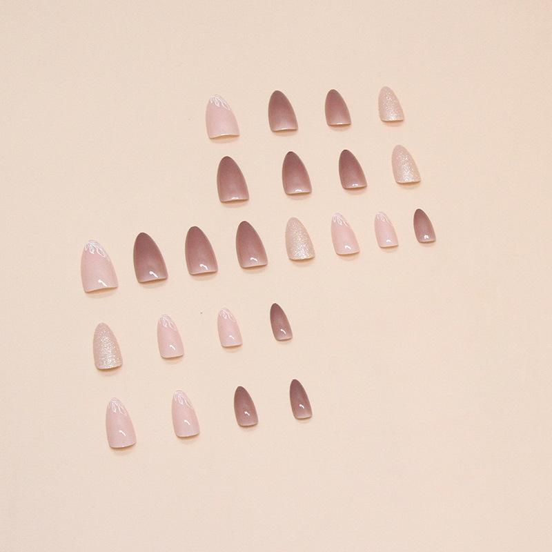 24 Pieces Nude Light Coffee Temperament White Almond Nail Autumn and Winter Leaves Glitter Powder Nail Art Piece Round Head Wearing Nail
