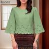 ZANZEA Women Casual Round Neck 3/4 Sleeve Loose Embroidery Blouse