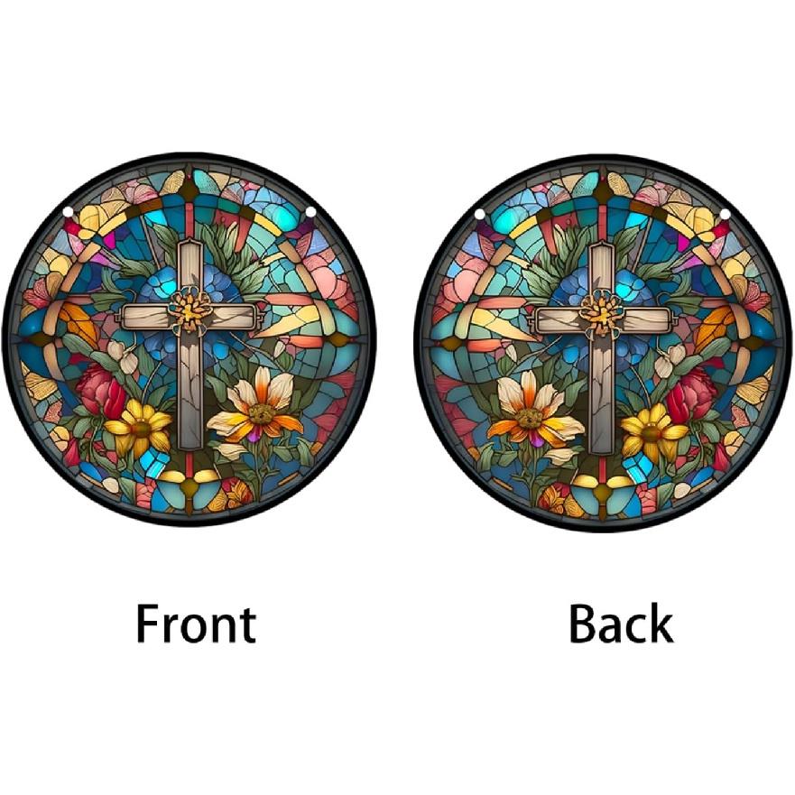 HOTIYOK God Bless Acrylic Window Hanging Vintage Cross Stained Wall Decor, Ideal Housewarming Gift, Home Decor for Mom Grandma Wife Teacher