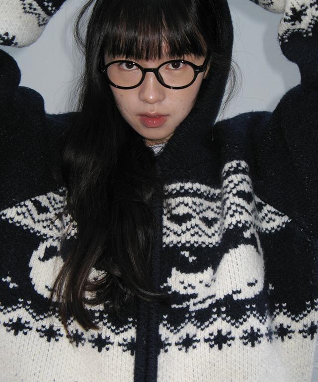 RONRON Cat Jacquard Hood Zip Up Knit Navy