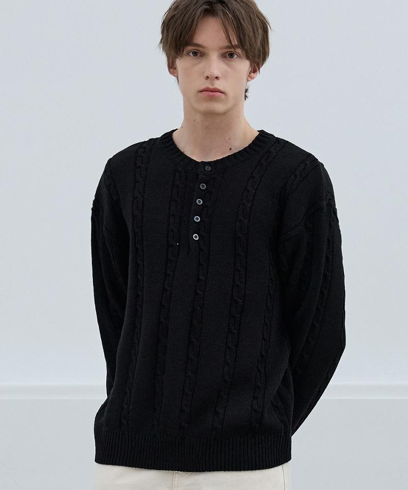 Nod You Mild Henley Neck Round Knit T-Shirt [Black] M
