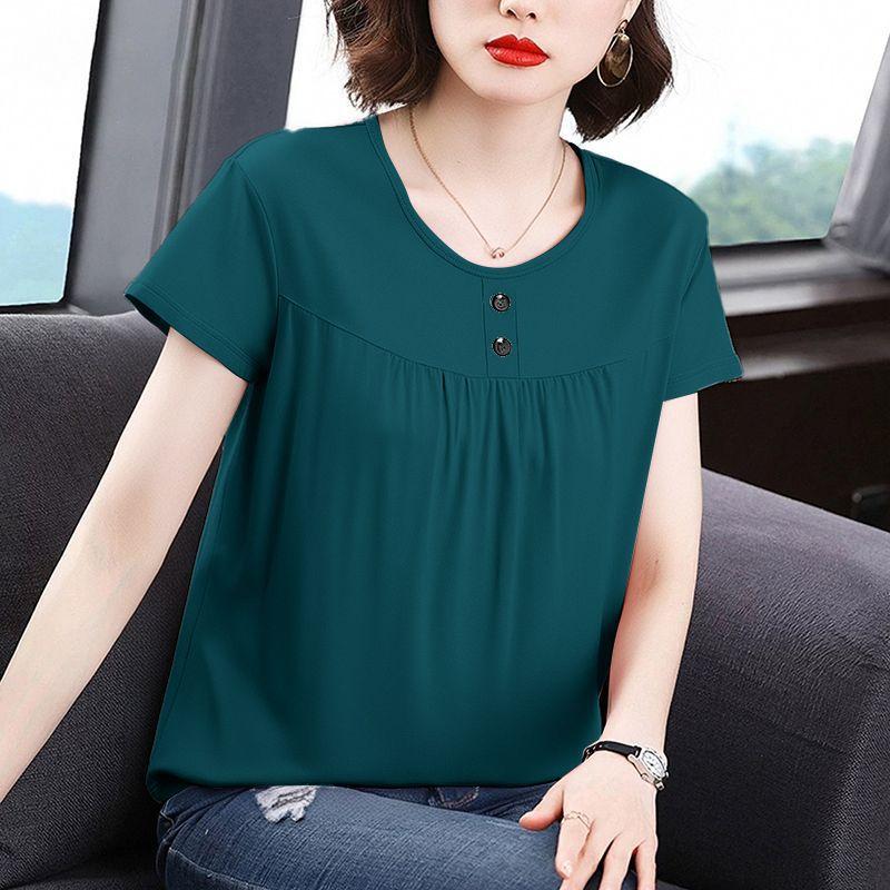 

Large size women s fashion casual short-sleeved T-shirt women s thin summer new design button-neck t-shirt M темно-зелений колір