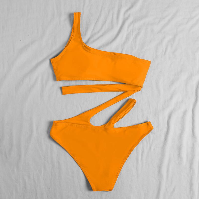 2025 New Beach Party Vacation Solid Color One Shoulder Bikini Cut Out One-piece Swimsuit Women Summer Hollow Out Fashion Swimsuit