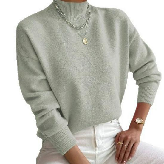 Women's Solid Color Loose Knit Sweater - Half-High Neck, Long Sleeve, Autumn/Winter Fashion.