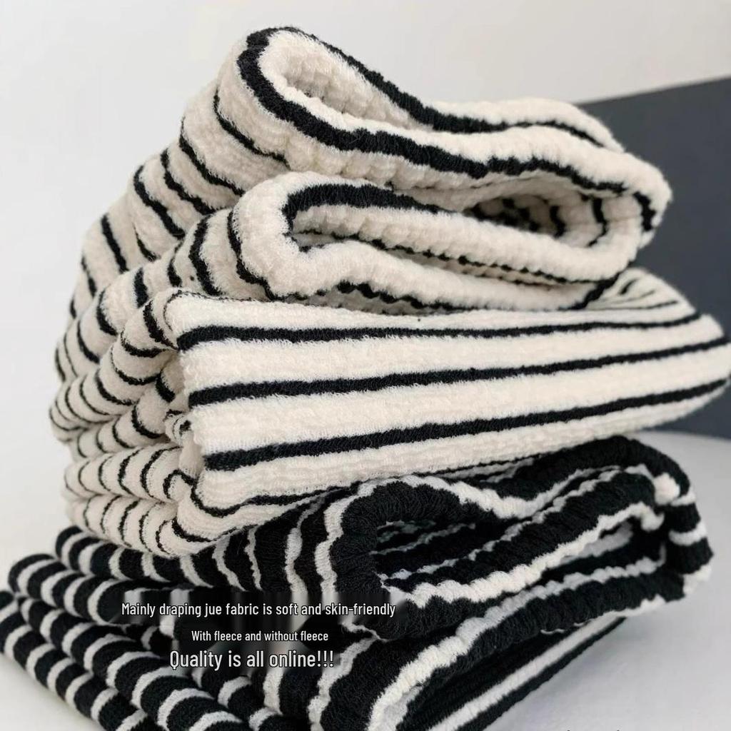 Petite Women's Fleece-Lined Black & White Striped Wide-Leg Pants for Autumn/Winter - Soft, Cozy Fit