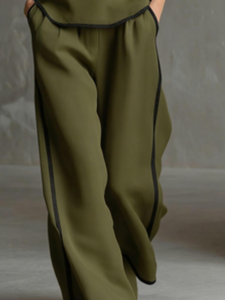 Summer Sleeveless V-Neck  Black Trim Color Block, Simple and Elegant; Wide Leg Pants Style, High-Rise Slim Fit