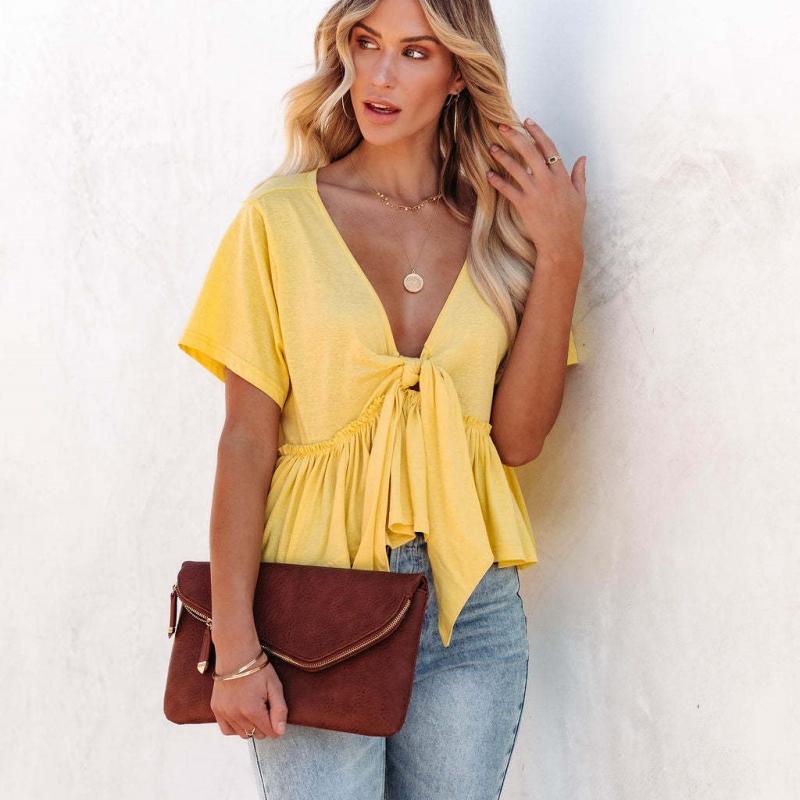 DAFIFY Women's Fashion Casual Summer Solid Color Print Short Sleeve V-Neck Blouses & Shirts