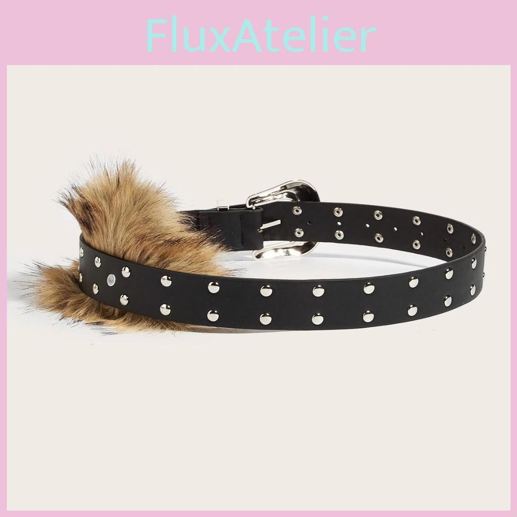 Rivet Leather Wide Waist Belt Artificial Fur Design And Carved Needle Buckle For Everyday Wear
