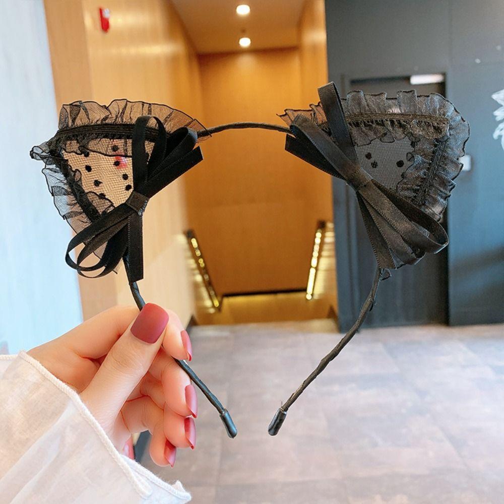 Polka Dot Cat Ear Hair Band Lace Cute Headband Korean Girl Large Bow Hair Hoop