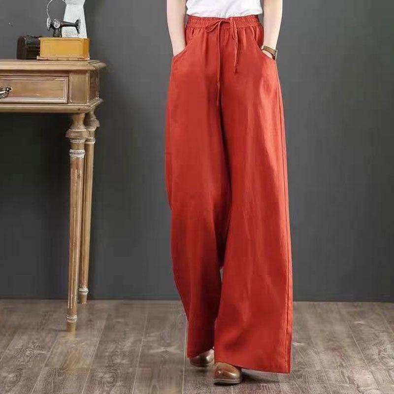 Cotton and Linen Straight Leg Wide Leg Pants for Women In Summer High Waisted Lace Up Loose Floor Length Pants