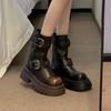 Buckle women's short boots 2025 autumn new black retro versatile small thick-soled fried street locomotive boots