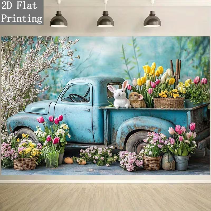 

2D Spring Flower Truck Backdrop Cloth with Bunny and Tulips Living Room Wall Decor 47.2x31.5inch/120*80cm