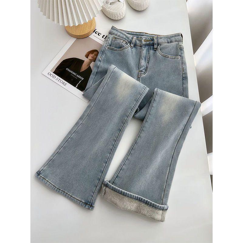 

Women s High-Waisted Fleece-Lined Slimming Bell-Bottom Jeans, Petite Light-Colored, Floor-Length Flared Pants for Autumn and Winter XL (for 58-63 kg)