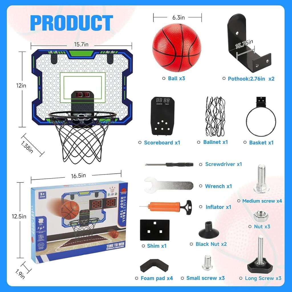 Basketball Hoop Indoor for Kids (4-12 Years Old), Over The Door Basketball Hoop with Scoring, Countdown and Music Accompaniment