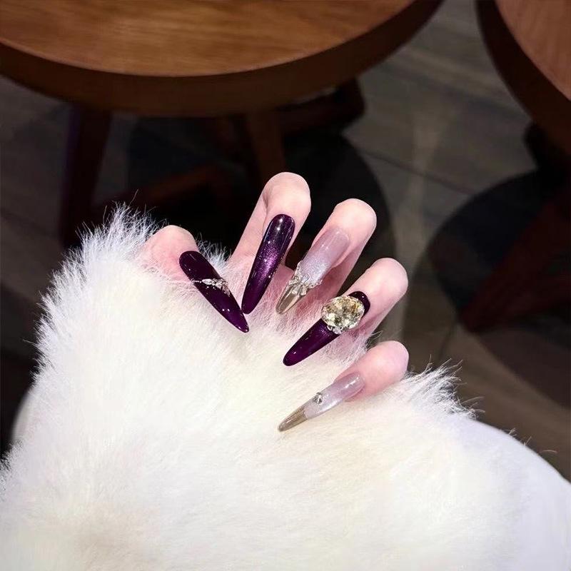 Luxurious Purple Cat Eye Zirconia Nail Art - Sparkling Handcrafted Autumn/Winter Collection