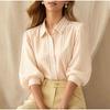 Striped Puffed Three Quarter Sleeve Lapel Commuter Shirt For Women
