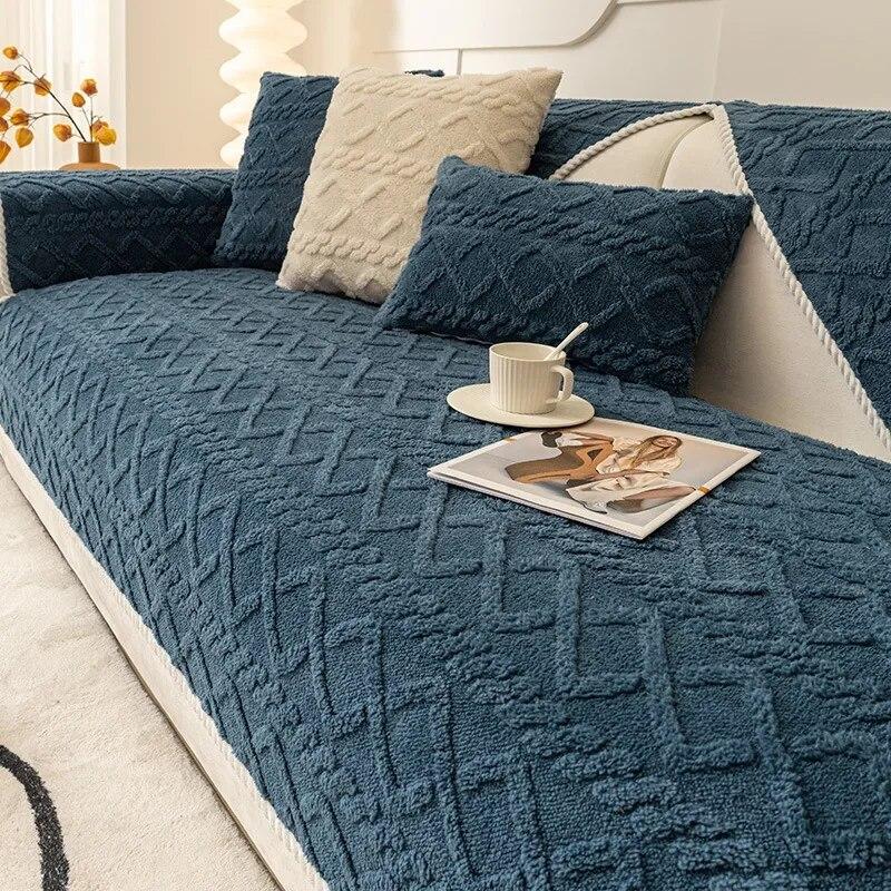 Sofa Protector Home Decor Fleece Sofa Cover for Winter Sofa Seat Slipcovers Solid Color Plush Jacquard Housse Canape Dangle