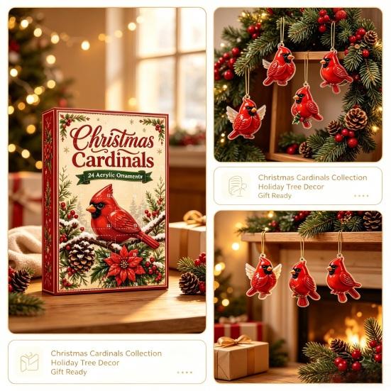 Advent Calendar for Kids Red Bird Calendar, 24-Day Christmas Countdown Set with Acrylic Ornament Collection Ornaments, 2D Tree Hanging Decor,