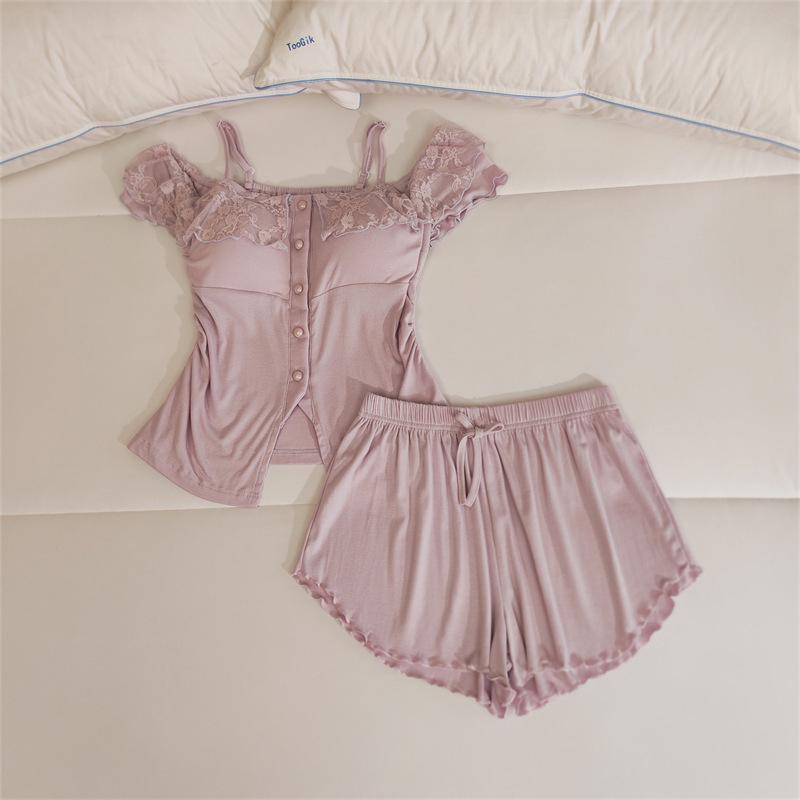 Women's Lace Camisole Sleepwear Set with Chest Pads - Sweet & Sexy Spring/Summer Homewear.