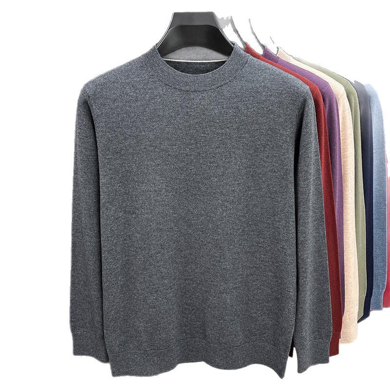 Men's Wool Round Neck Sweater - Long Sleeve, Casual, Versatile Knitwear for Spring and Autumn.