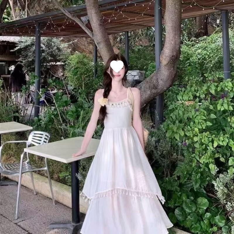 Yunnan Dali Travel Red Fringed Suspender Dress Women's Dopamine Wear Seaside Holiday Beach Long Skirt