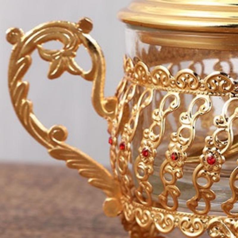 European Style Seasoning Jar,Alloy With lid Handle Red Inlaid Gem Container Salt Butter Organizer,Coffee Beans Jar,Kitchen Tools