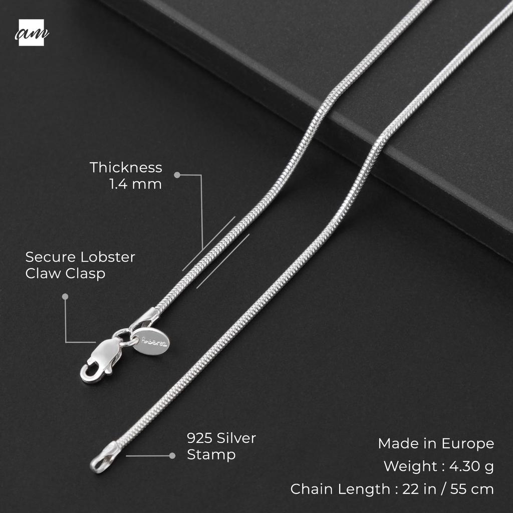[Amberta] Women's 925 Sterling Silver 1.4mm Snake Chain Necklace, Size: 55cm