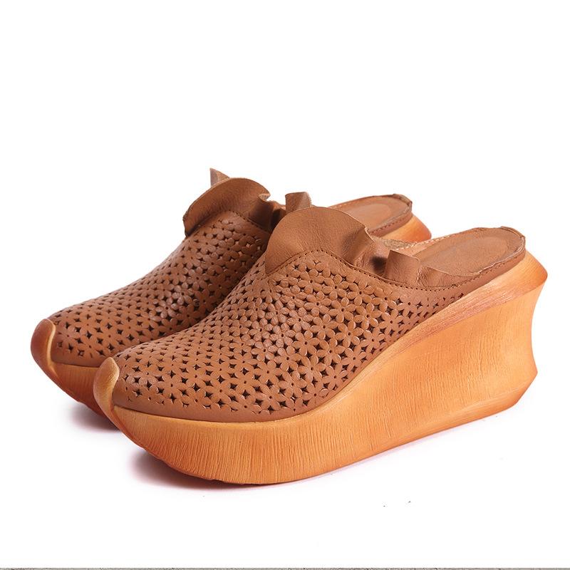 Fashion GKTINOO Women Leather Mules 9 CM High Heels Wedge Slippers Women Handmade Platform Genuine Leather Slippers Coffee Shoes 2024
