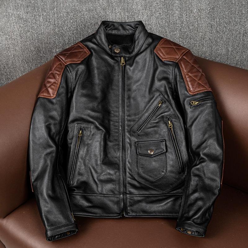 

Куртка из натуральной кожи мужская из настоящей коровьей кожи, байкерская, мотоциклетная, для езды, с защитными вставками, зимняя верхняя одежда S чёрный