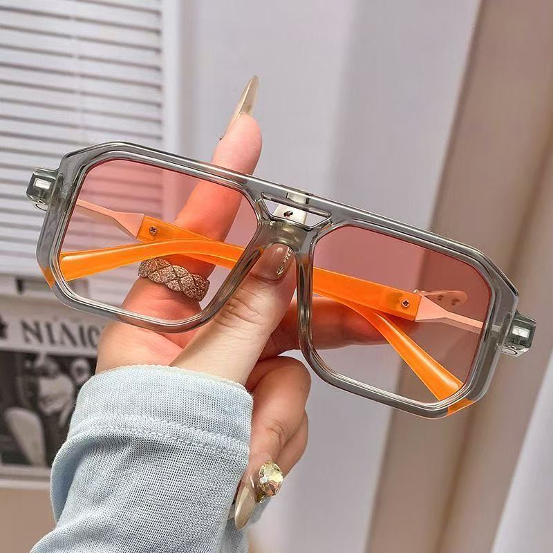 Retro square sunglasses, men's and women's European and American double-beam sunglasses, trendy wear, street photography fashion sunglasses