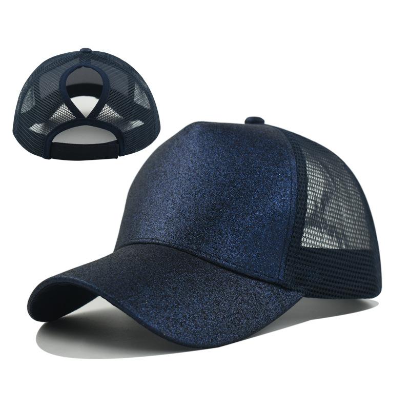 - Sequined and Mesh Fabric Baseball Cap with Exposed Ponytail. Available in Multiple Colors and Suitable for Summer.