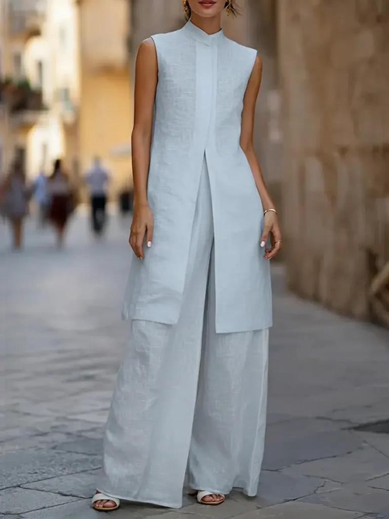 Chic Sleeveless Vest & Wide-Leg Pants Cotton Linen Set