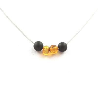 Stones and Minerals. Necklace 4 Pearls Genuine Baltic Sea Amber + Matte Black Onyx 8 Stainless Steel Chain.