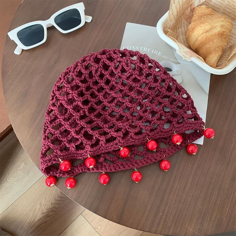 Camellia Hand-Woven Hollow Round Bead Bag Head Hat Women'S Spring And Summer Sweet Bohemian Style Knitted Pullover Hat