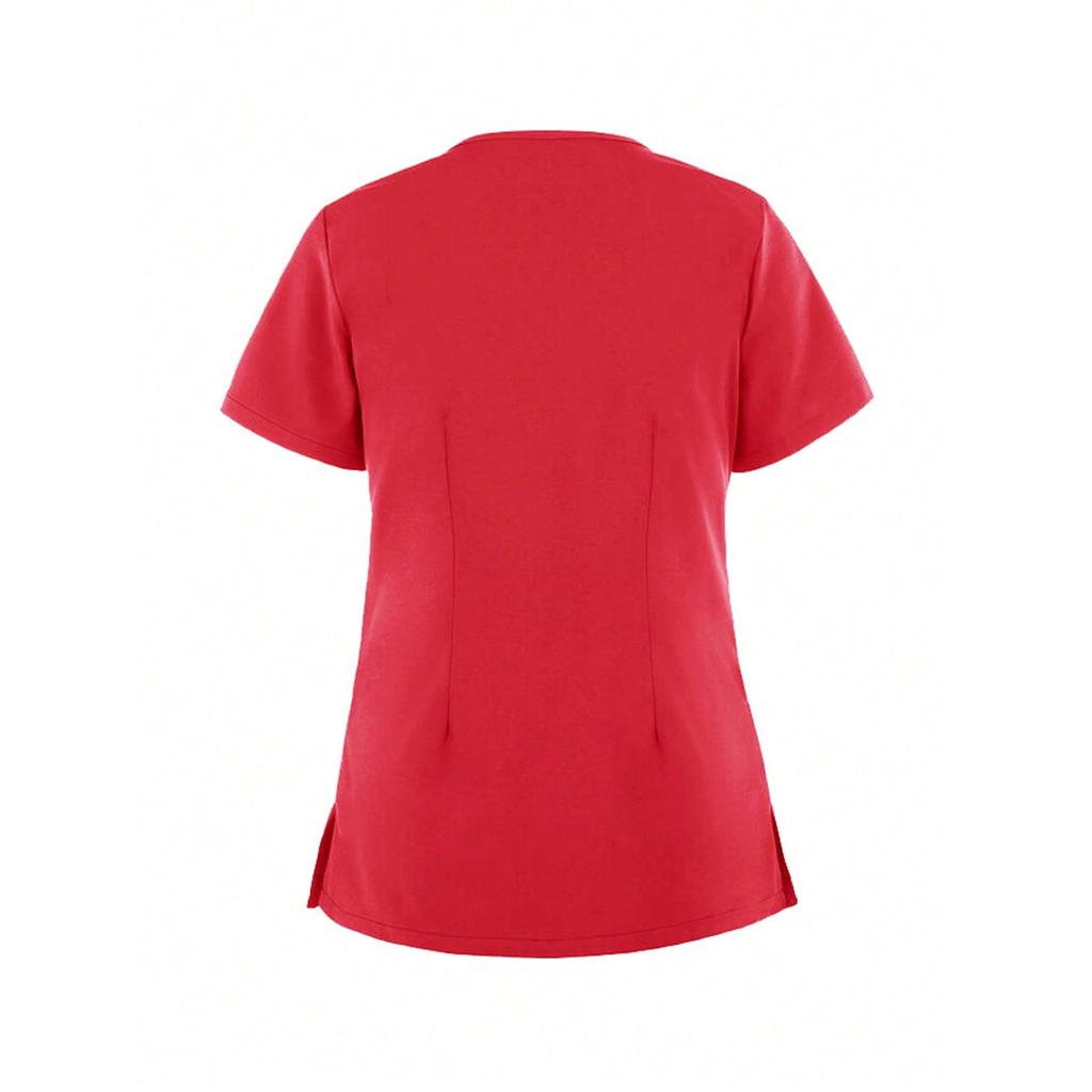 Women's Short Sleeved Solid Color V-Neck Pocket Top Pants Work Clothes Two-Piece Set