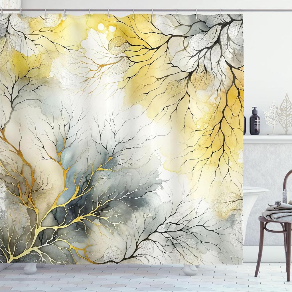 Shower Curtain Abstract Branch Pattern Watercolor Painting Nature Inspired Bath Decor Waterproof Fabric Contemporary Art Home