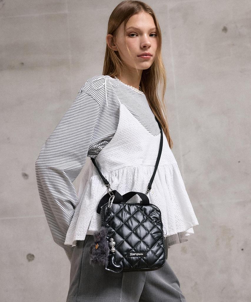 Krafyarn 2-Way Handle Pouch Crossbody Bag Black Quilted