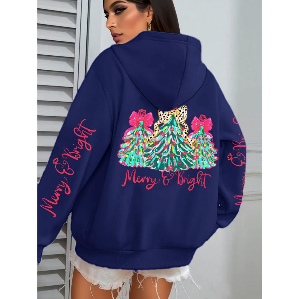 Merry Christmas Colorful Trees Printing Women Hoodies Loose Casual Hoody Autumn Y2K Pocket Streetwear All-Match Clothes