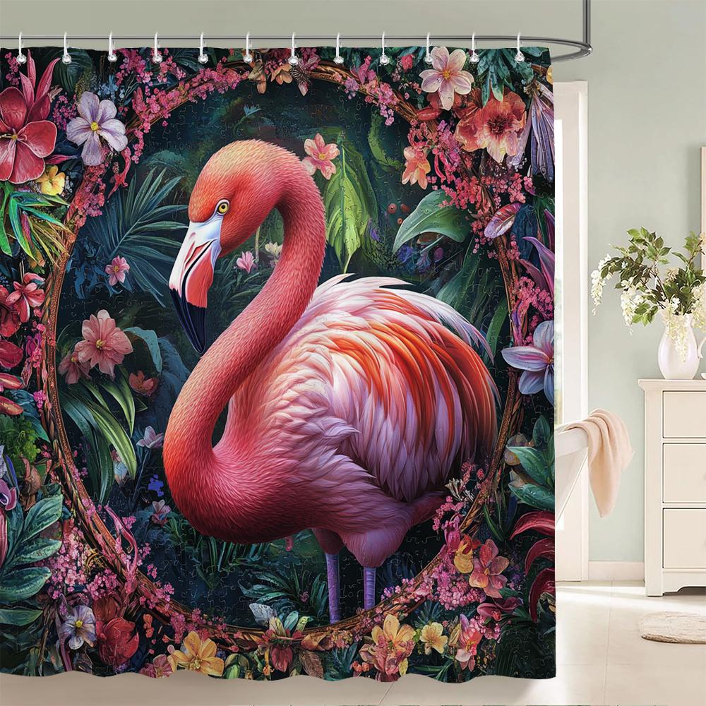 Flamingo Shower Curtain, Floral Botanical Tropical Plant Art Deco Bathroom Decorative Shower Curtain, Print Curtain with Hooks