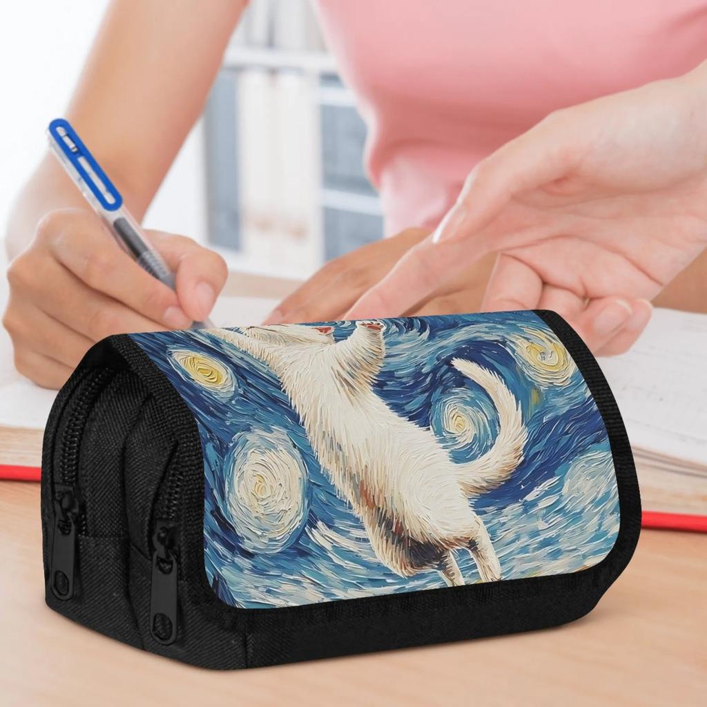 Double Layer Pencil Case, Vibrant Printed Pencil Pouch with Starry Night Cat Leap Design, Fashion Storage Bag, Portable Pencil Case with Zipper, Durab