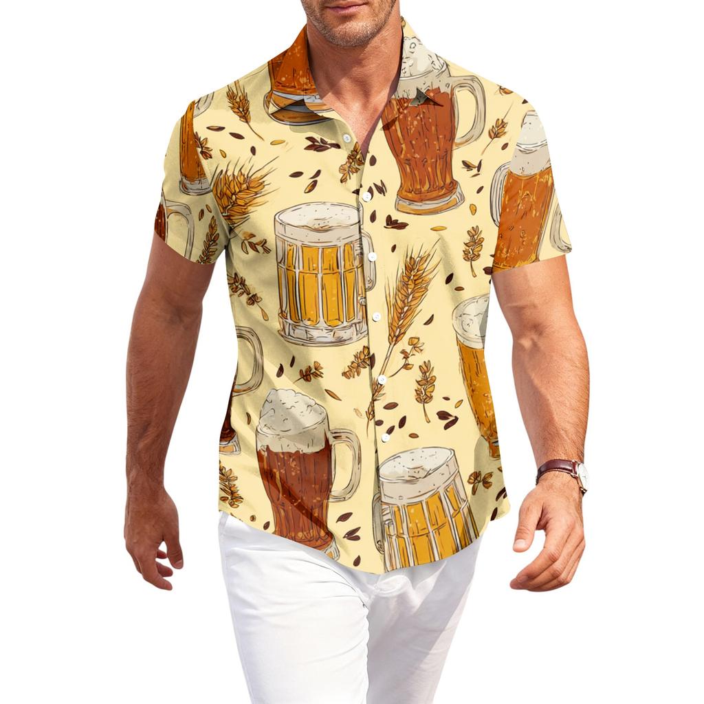 Camicia Casual da Uomo a Maniche Corte con Bottoni e Stampa Festival della Birra Tessuto Leggero Traspirante Vestibilità Rilassata Top Estivo