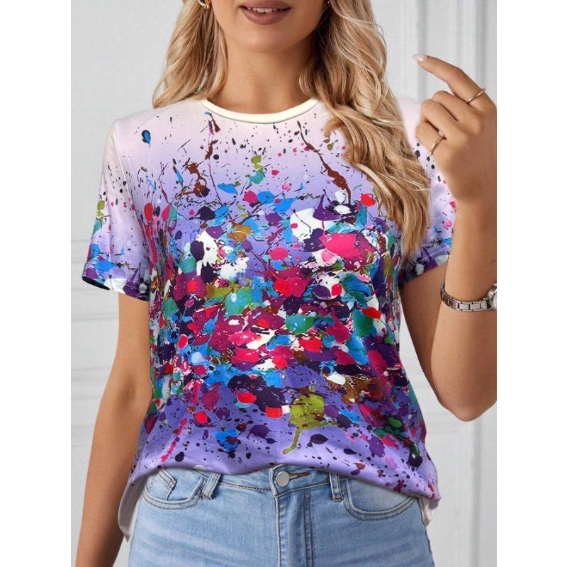 Summer Round Neck 3D Colorful Paint Splatter Print T-shirts Fashionable Casual Short Sleeved Women's T-shirts
