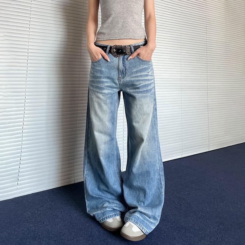 

Unisex Retro Whiskered Wash Loose Straight-Leg Jeans L