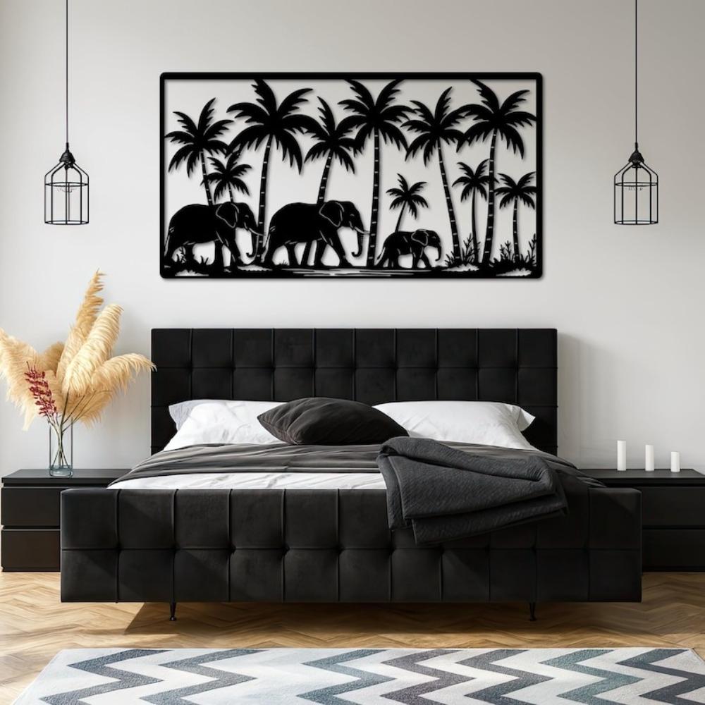Handmade Metal Elephant Wall Art, Tropical Safari Decor, Jungle Palm Tree Wildlife Art, Nature Home Gift, African Safari Metal Sculpture