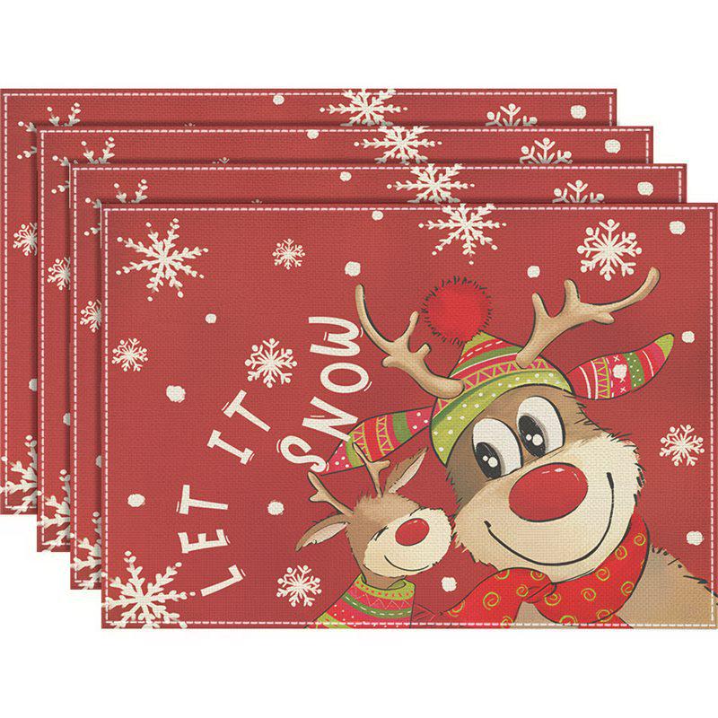 Nordic Christmas Gingerbread and Reindeer Linen Table Mat - Festive Square Decoration 30x45cm (Single Piece)