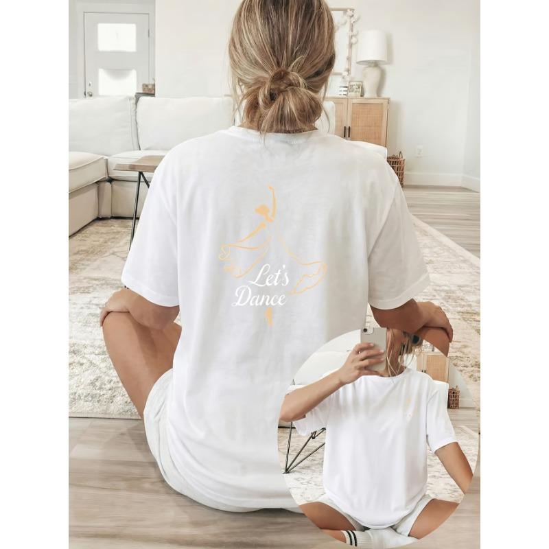 

Women S Casual Short-Sleeve Top for Spring And Summer Features a Double-Sided Print with a Golden Ballet Dancer Silhouette And The Phrase Let S Dance 4XL білий