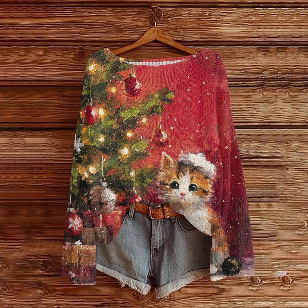 Women's Casual Fashion Round Neck Top Christmas Print Long Sleeve Knit Pullover