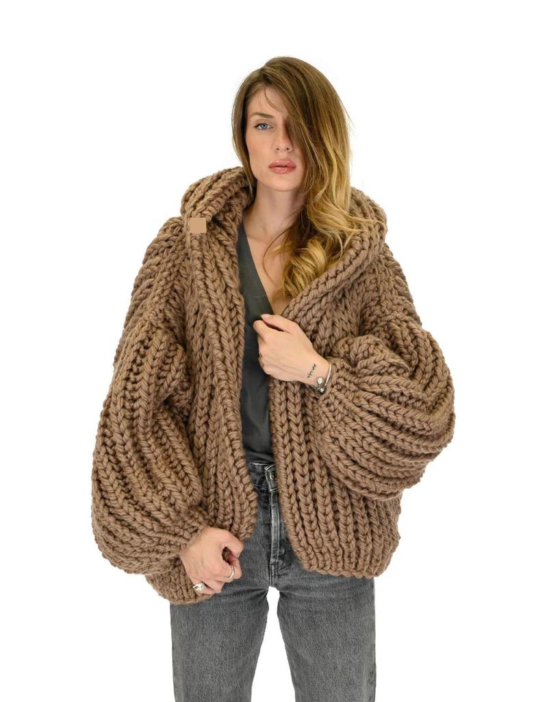 Herbst Winter Locker Lässiger Stil Handgestrickter Kapuzen Damen Cardigan Pullover