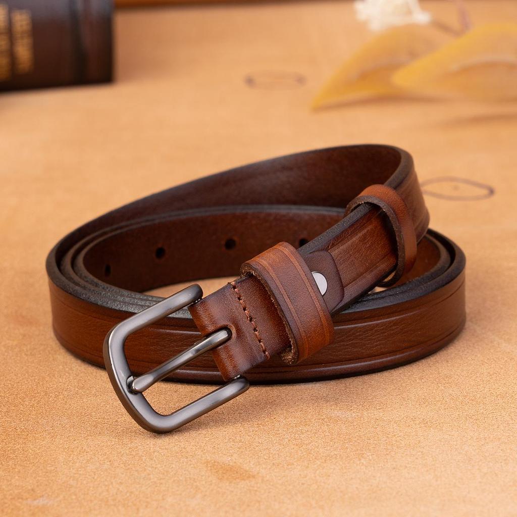 Women's Retro Genuine Leather Belt - Top Layer Cowhide with Pin Buckle, Versatile for Denim and Trousers.